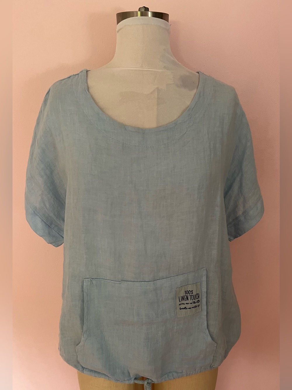 Light Blue Linen Short Sleeve Pocket Top